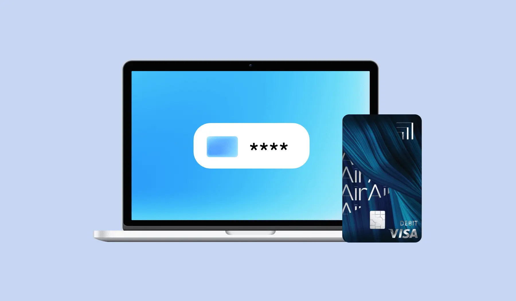 Air Visa debit card by Oxygen bank shown near laptop screen